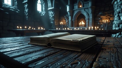 A dark medieval castle library with ancient scrolls old dusty books and a single
