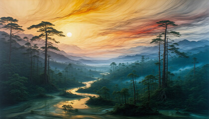 A digital painting of a forested landscape with a river flowing through it.