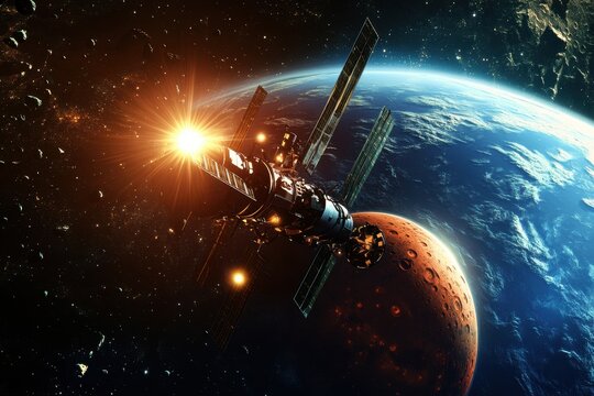 Spacecraft orbiting Earth, Mars visible, sunrise, space debris, science fiction