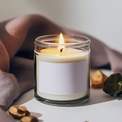Clear glass jar candle mockup, scented candle jar with blank white label, styled interior candle design template
