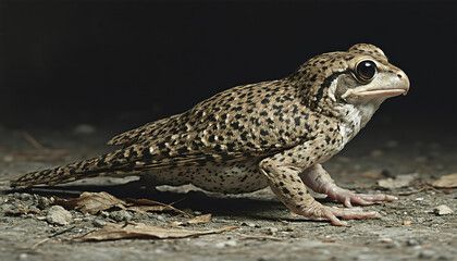 A close up of a frog on the ground.