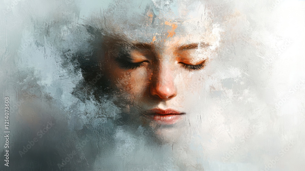 Poster an artistic representation of a shy face, with subtle colors and a soft expression