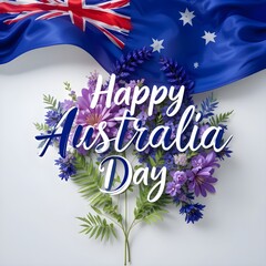 Happy Australia Day Celebration with Australian Flag, Purple Floral Decorations, and Tropical Greenery on a Vibrant Purple Background