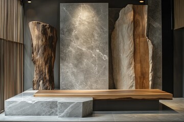 A modern interior stage for product design featuring large stone slabs and wooden elements. The composition includes a sleek wooden bench, textured stone walls, and natural wood accents.