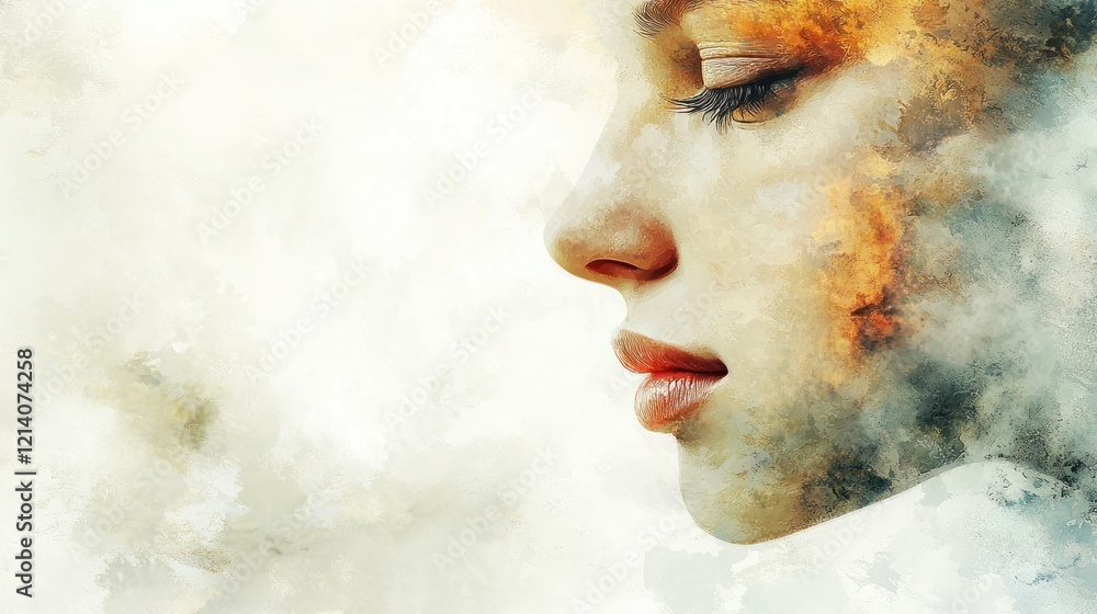 Poster An artistic representation of a shy face, with subtle colors and a soft expression