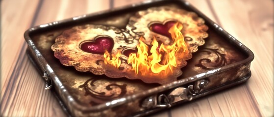 Burning hearts in antique box.