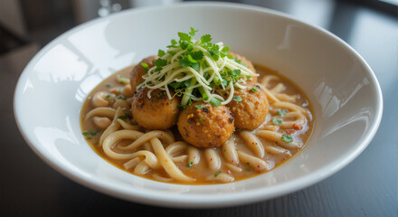 meatball noodles with vegetable topping