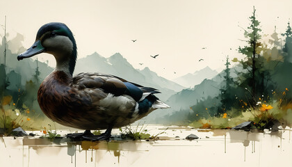 A digitally rendered illustration of a duck standing on the edge of a pond.