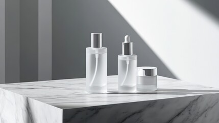 Frosted glass bottles, marble, sunlight, beauty product mockup