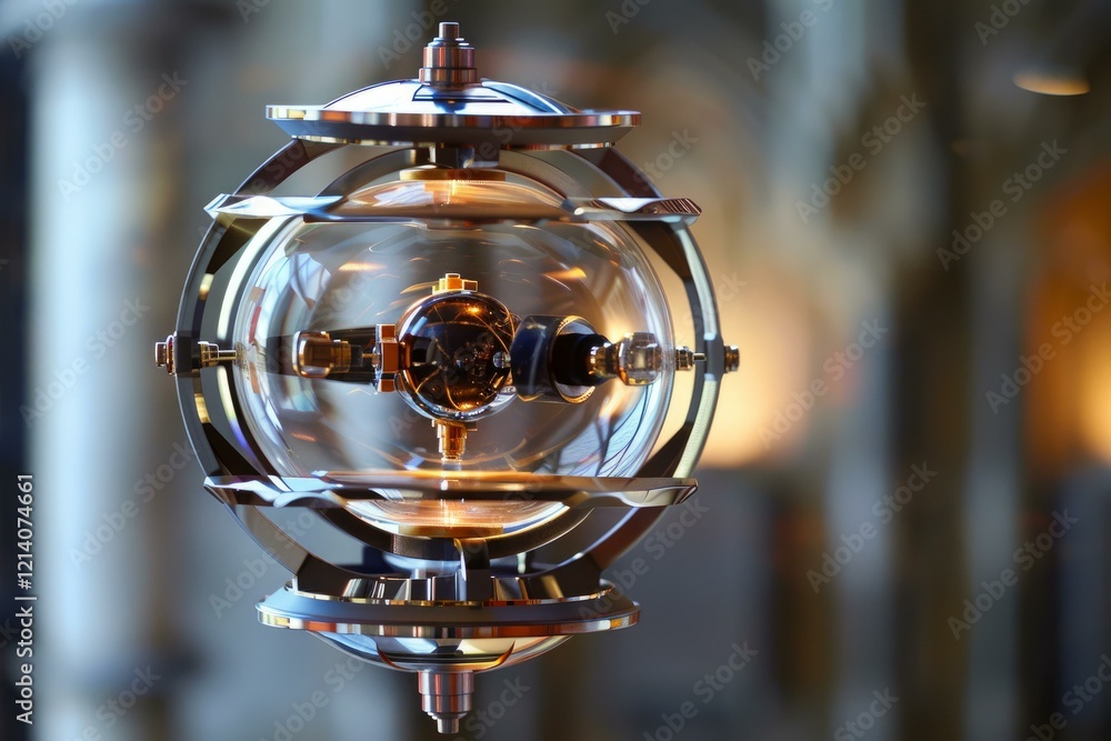 Poster complex mechanical device with rotating parts is housed inside a glass sphere, showcasing intricate 