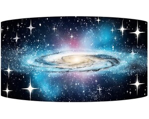 Spiral galaxy in vibrant blue and pink hues, surrounded by stars.