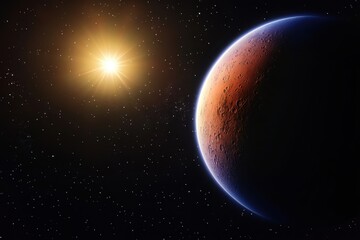 Obraz premium Mars sunrise, space, cosmic, starfield, planet, exploration, science fiction, background