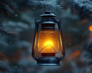 Glowing lantern hanging from snowy pine branches.