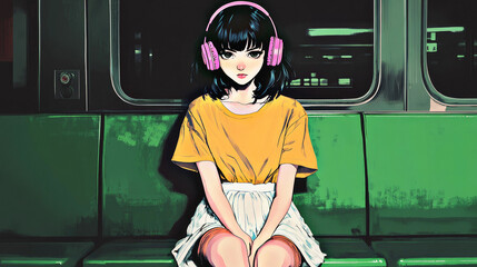 Anime girl in a subway car.