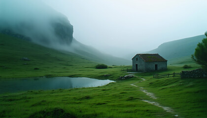 A small stone house sits in the middle of a lush green meadow.