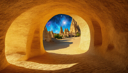 A view of a desert landscape through a hole in a wall.