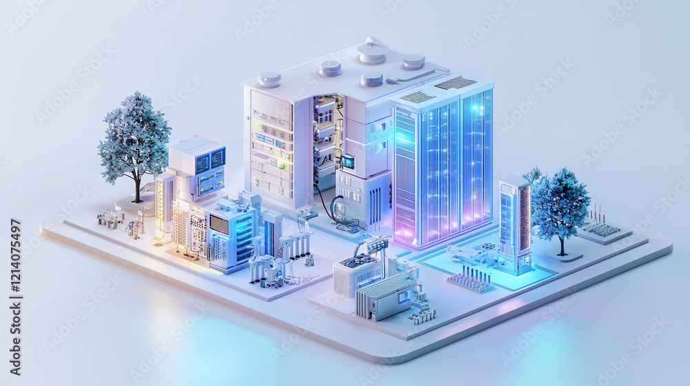 Poster futuristic data center model showcasing energy generation and backup systems, surrounded by trees an