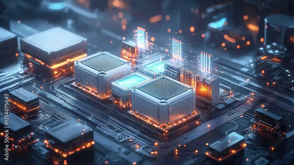 Poster high tech data center with glowing processors and circuit board details