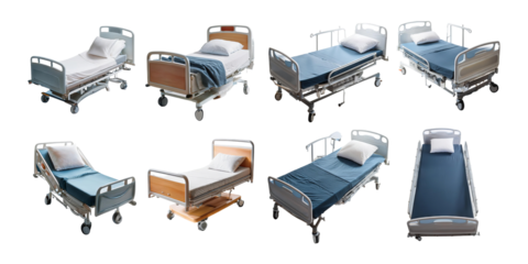 Various Hospital Bed Designs for Medical Settings, PNG collection, set bundle, isolate on transparent or white background