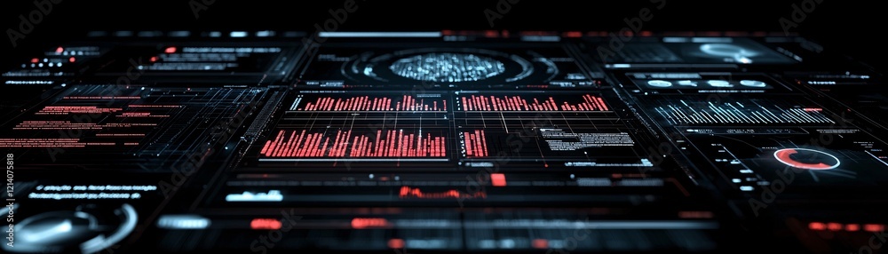 Poster information processing flowcharts, futuristic digital grids, glowing data streams, vibrant highlight