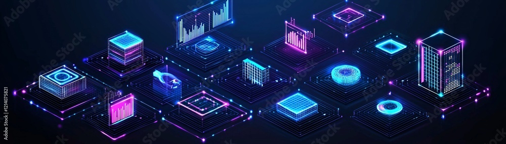 Poster information processing flowcharts, futuristic digital grids, glowing data streams, vibrant highlight