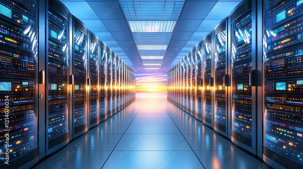 Aufkleber modern data center with rows of servers illuminated by bright lights, showcasing advanced technology