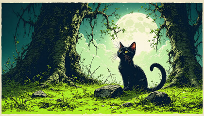 A black cat with yellow eyes sits in a grassy clearing under a large moon.