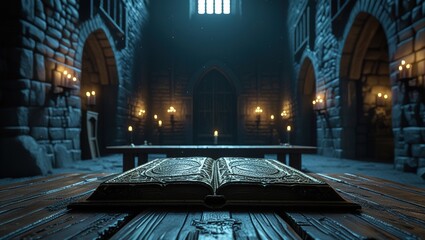 A dark medieval castle library with ancient scrolls old dusty books and a single