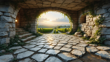 A stone archway opens to a vineyard with a sunset in the background.