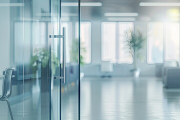 High Resolution of Abstract Blurred Office Interior Through Glass Doors