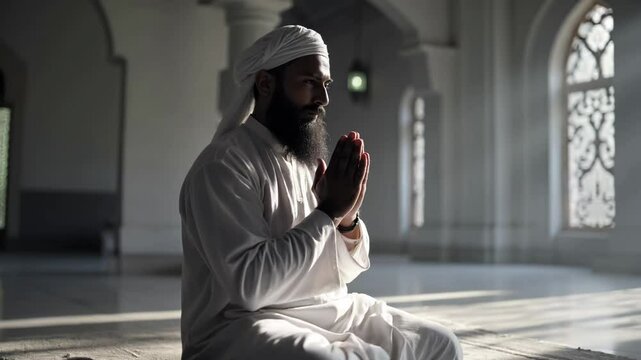 A Serene Moment of Reflection and Prayer Captured in a Tranquil Mosque Setting