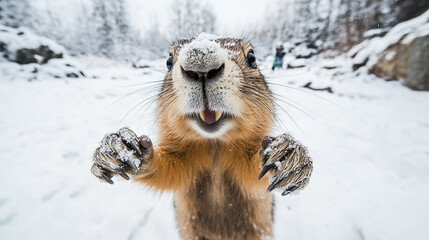 Groundhog sees shadow in snowy landscape on Groundhog Day celebration