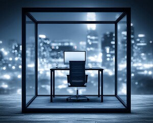 Night office cubicle with city view.