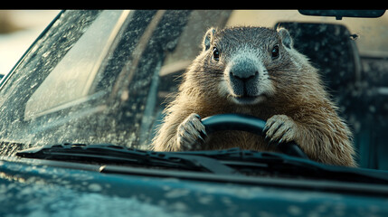 Groundhog driving a car on a snowy day during Groundhog Day celebration