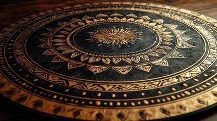Ornate Circular Mandala with Golden Accents and Dark Background
