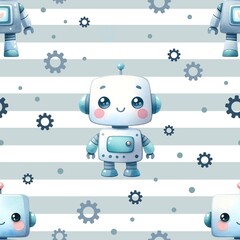 Watercolor robot seamless pattern. Cute robot digital paper.	
