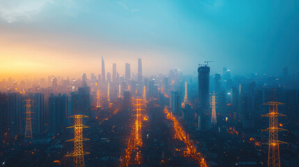 Fototapeta premium City skyline at dusk with power lines and glowing lights, showcasing energy distribution and urban life