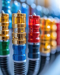 Modern cable connectors lined up with a focus on sharp details, isolated on a plain white backdrop,