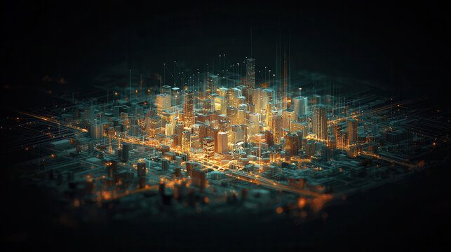 futuristic cityscape illuminated by glowing lights, showcasing advanced technology and smart grid systems