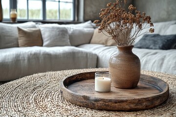 In the living room, a gray and brown color scheme is complemented by a wooden tray on the coffee table over the sofa. The tray supports a glass jar of dried flowers and a vase