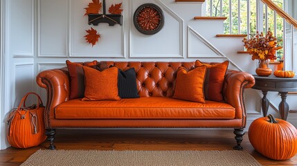 Autumnal hallway decor, interior design, and house decoration, with welcoming autumn entryway furniture, stairway, and entrance hall home decor in an English country house and cottage style