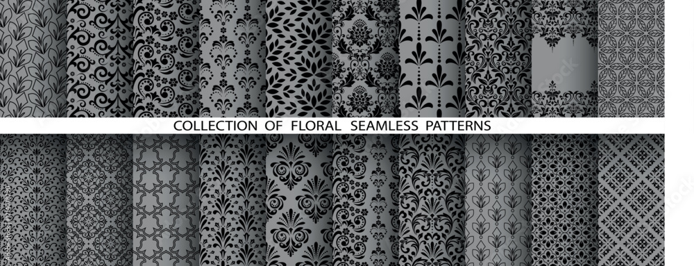 Poster geometric floral set of seamless patterns. gray and black vector backgrounds. damask graphic ornamen