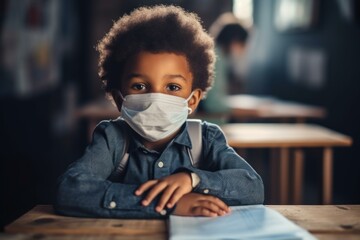 African american pupil wearing protective face mask sitting in classroom during coronavirus pandemic