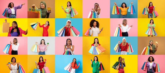 A vibrant collage of shoppers showcasing their colorful bags while enjoying Black Friday discounts. These diverse individuals express excitement and satisfaction from their purchases.