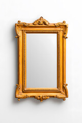 Golden mirror, front view, in the style of Baroque, isolated on white background
