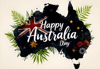 Happy Australia Day Celebration with Australian Flag, Purple Floral Decorations, and Tropical Greenery on a Vibrant Purple Background