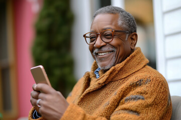 Obraz premium Happy Black elderly gentleman in casual knitwear enjoying a conversation on his phone 