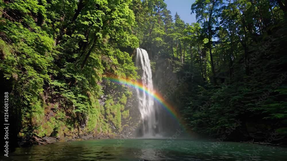 Poster majestic waterfall creating a stunning rainbow in a lush forest setting
