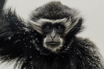 Fototapeta premium Black crested gibbon with snowflakes on its fur is staring intently