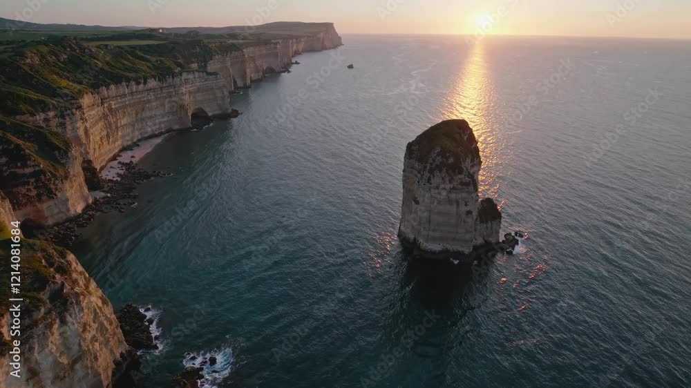 Poster sunset casting golden light over cliffs and rock formations by the sea in a serene coastal landscape